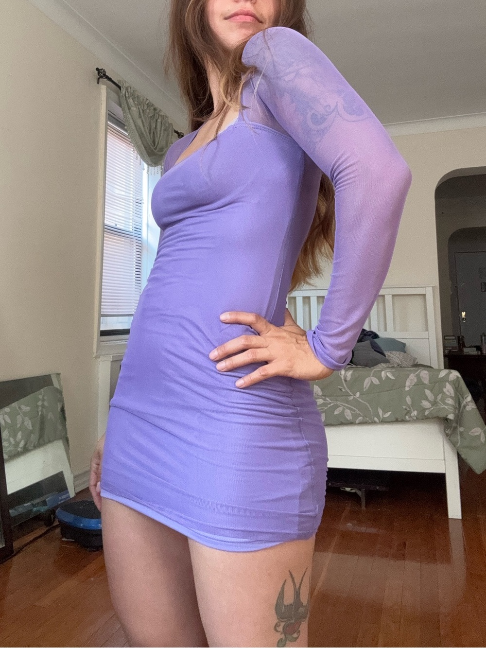 Forever 21 Lilac Mesh-Sleeve Bodycon Mini Dress